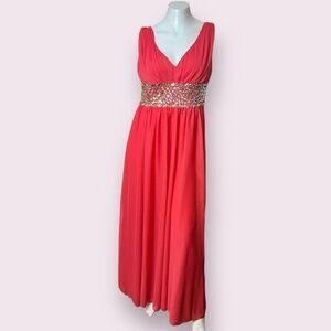 Celavie USA Coral Jeweled Jem Floor Length V Neck Sleeveless Formal Dress